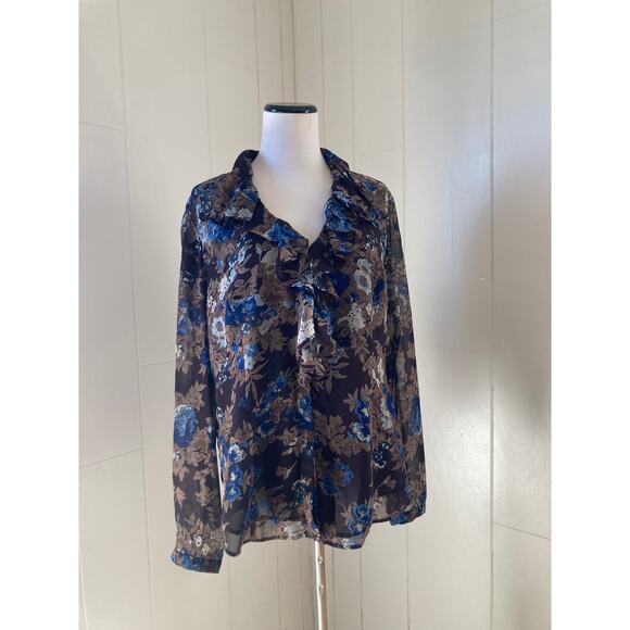 Coldwater Creek Brown & Blue Floral Chiffon Buttondown Blouse, Size L - Picture 1 of 4